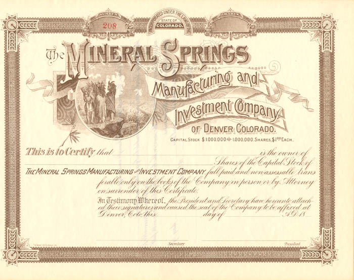 Mineral Springs Manufacturing and Investment Co. of Denver, Colorado - Stock Certificate